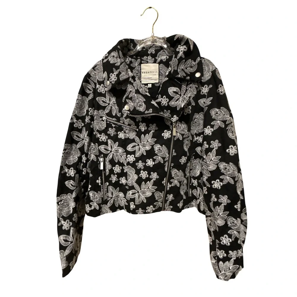 Bagatelle Floral Embroidery Cotton Moto Jacket Size Medium
